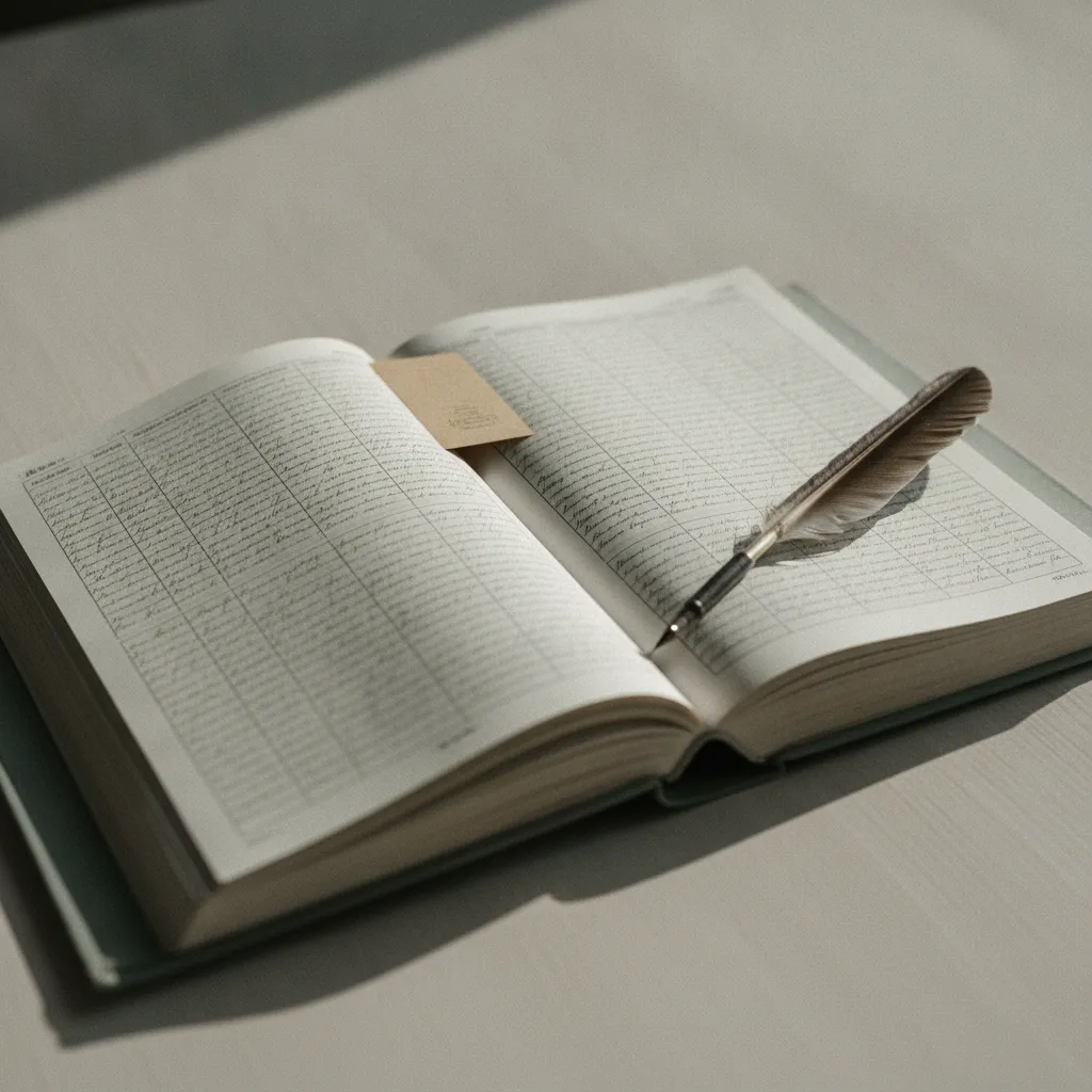 Grand registre relié ouvert sur une table, une colonne de dates manuscrites et un signet de papier