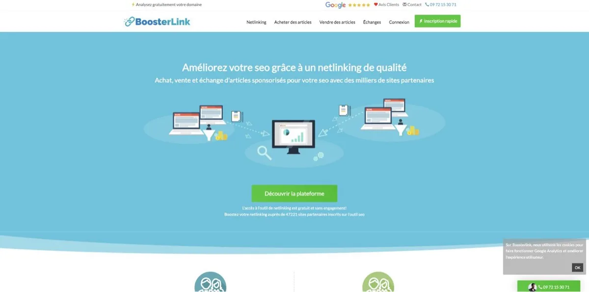 Page d'accueil de Boosterlink avec les trois entrées acheter, vendre et échanger des articles