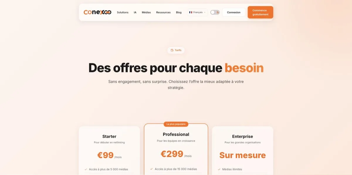 Page Tarifs de Conexoo avec les trois offres mensuelles Starter à 99 euros, Professional à 299 euros et Enterprise sur mesure