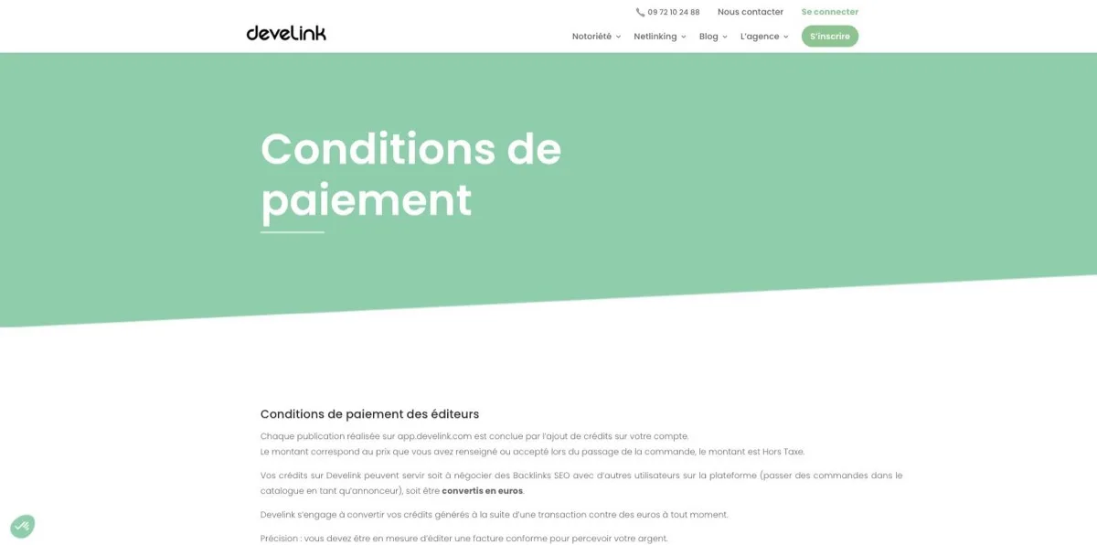 Page « Conditions de paiement des éditeurs » de Develink détaillant la créditation, la conversion en euros et l'obligation de facture