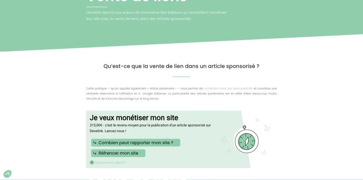 Page « Vente de liens » de Develink affichant l'encadré « 315,00 € - c'est le revenu moyen pour la publication d'un article sponsorisé »