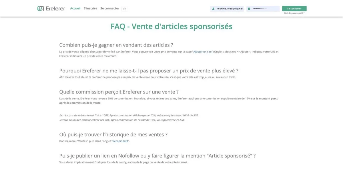 FAQ « Vente d'articles sponsorisés » d'Ereferer détaillant la commission de 90 %, la commission de retrait de 15 % et l'exemple chiffré à 76,50 €