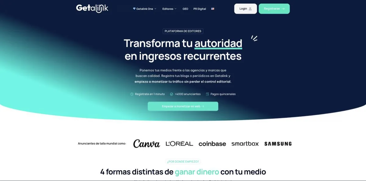 Page « Editores » de Getalink, en espagnol, présentant les quatre produits vendables par un éditeur et le principe du prix fixé librement