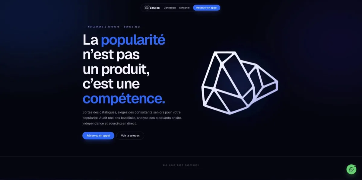 Accueil de lesilex.com, agence de netlinking, avec la baseline « Netlinking & autorité — depuis 2014 » et le bloc « Pourquoi pas une plateforme »