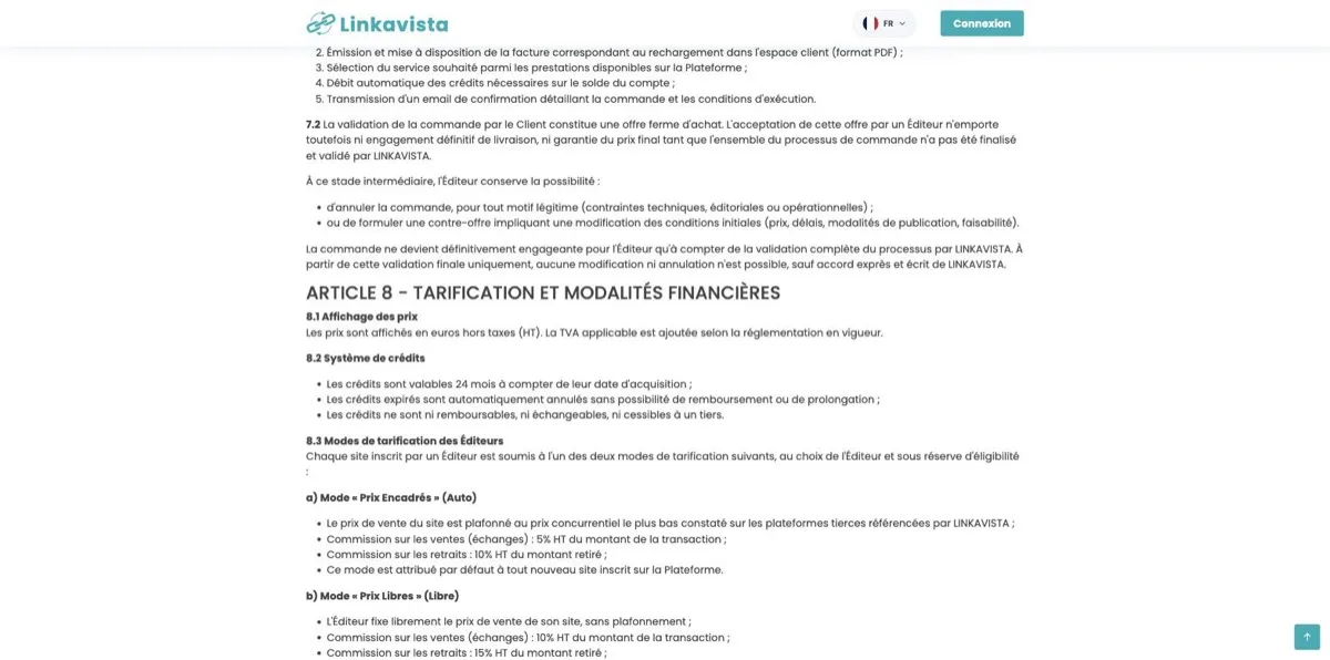 Article 8 « Tarification et modalités financières » des conditions générales de Linkavista, détaillant les modes Prix Encadrés et Prix Libres