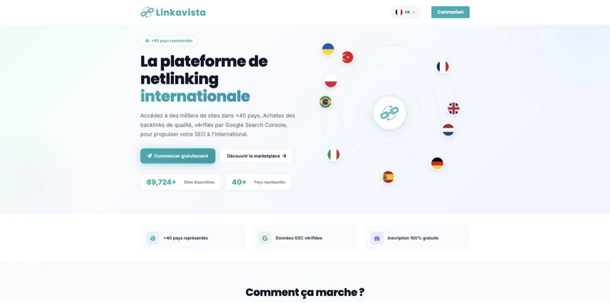 Page d'accueil de Linkavista affichant les compteurs 89 724+ sites disponibles et 40+ pays représentés
