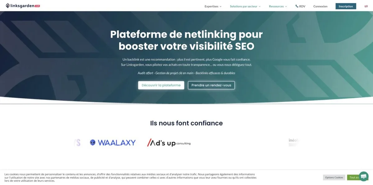 Accueil de linksgarden.com, plateforme de netlinking, sans entrée « éditeur » en navigation principale