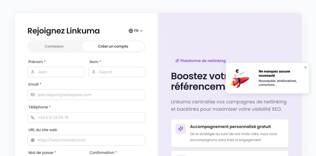 Formulaire public de création de compte Linkuma, intitulé « Rejoignez Linkuma », avec le message « Boostez votre référencement » à droite