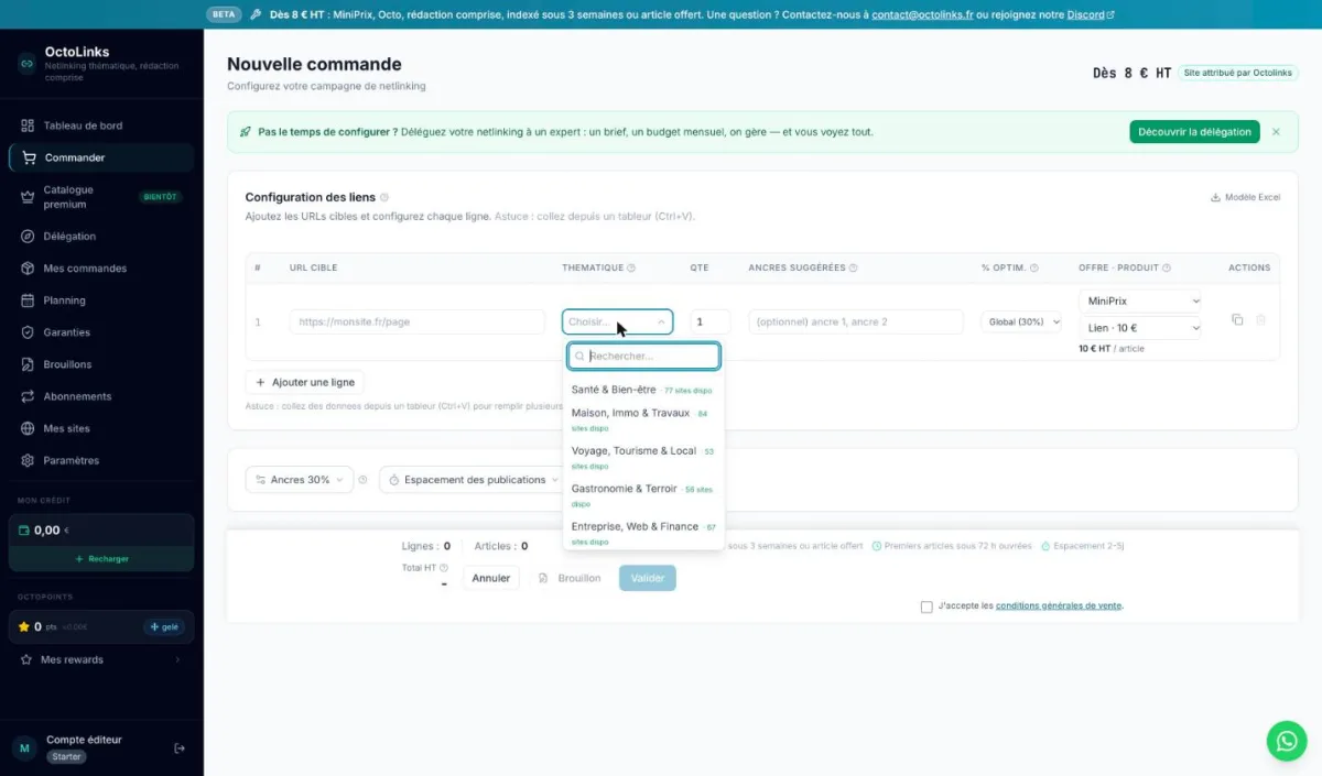 Tunnel de commande d'Octolinks : tableau des liens à commander et liste des thématiques avec leur nombre de sites disponibles
