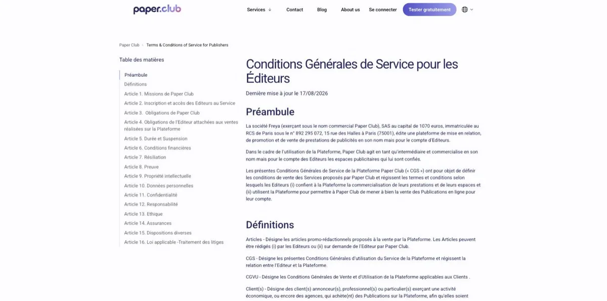 Page « Conditions Générales de Service pour les Editeurs » de Paper.club, mise à jour affichée au 17 août 2026