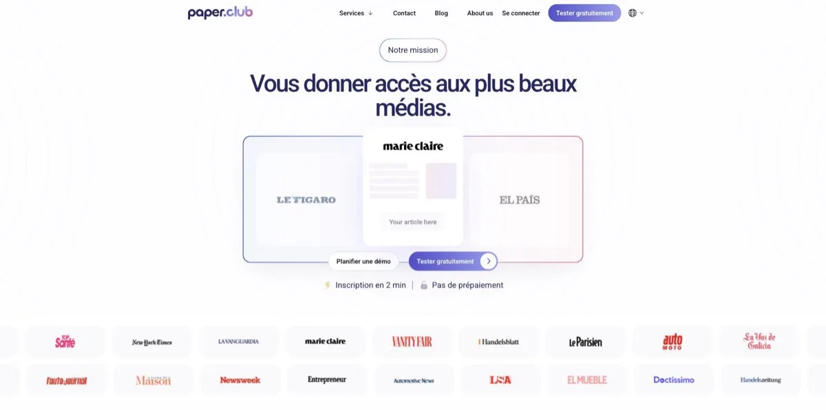 Accueil français de Paper.club, slogan « Vous donner accès aux plus beaux médias » et catalogue annoncé de 120 000 médias ventilés par secteur