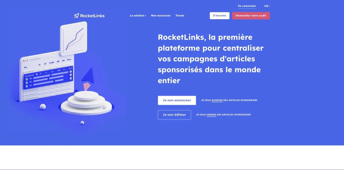 Accueil français de RocketLinks avec les deux boutons « Je suis annonceur » et « Je suis éditeur »