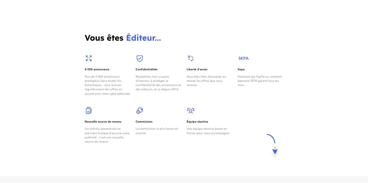 Section « Vous êtes Éditeur… » de l'accueil RocketLinks, avec la rubrique Commission dont le texte entier est « La commission la plus basse du marché »