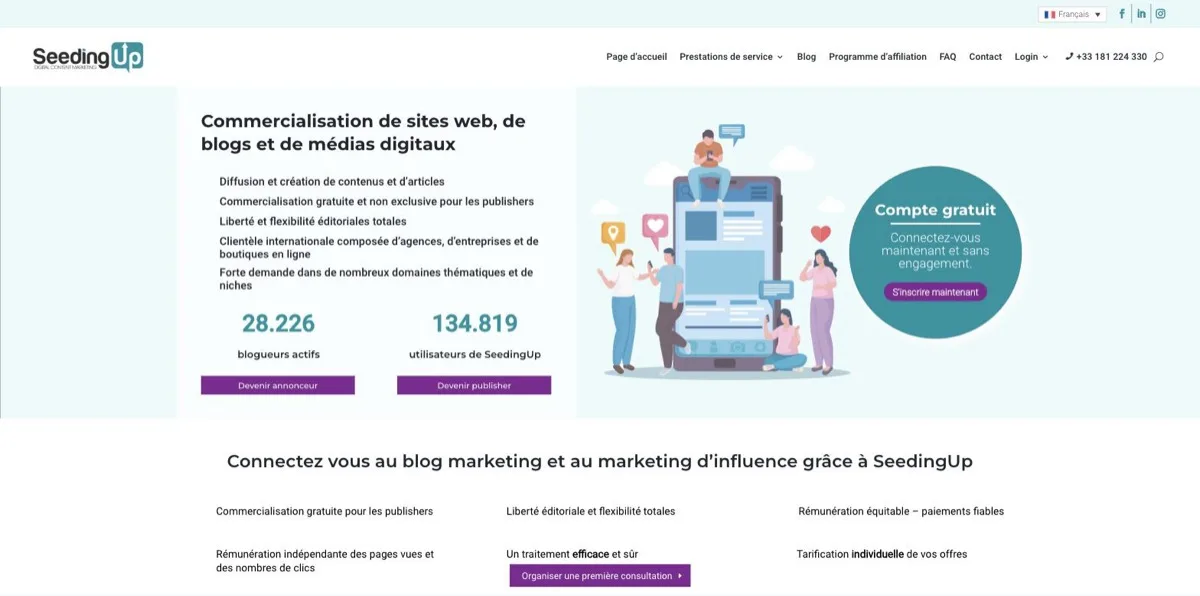 Page publishers de SeedingUp, « Commercialisation gratuite et non exclusive » et compteurs de 28 226 blogueurs actifs et 134 819 utilisateurs