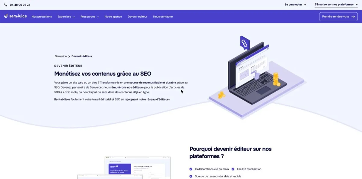 Page Devenir éditeur de SEMJuice, titre « Monétisez vos contenus grâce au SEO »