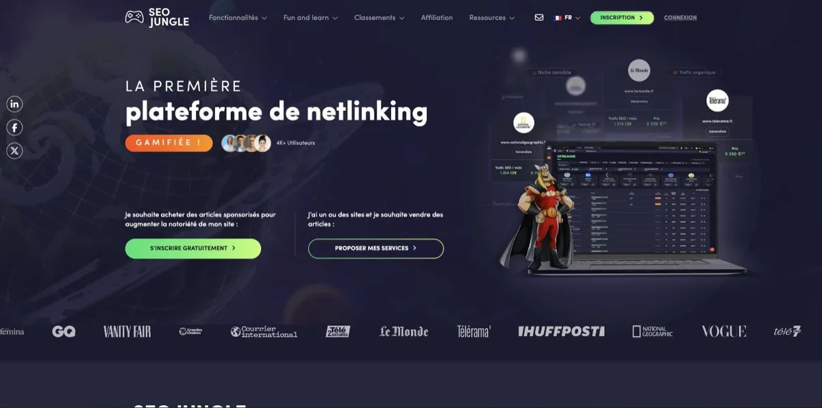 Accueil de seo-jungle.com, plateforme de netlinking gamifiée, avec ses deux boutons d'entrée distincts pour les acheteurs et pour les vendeurs