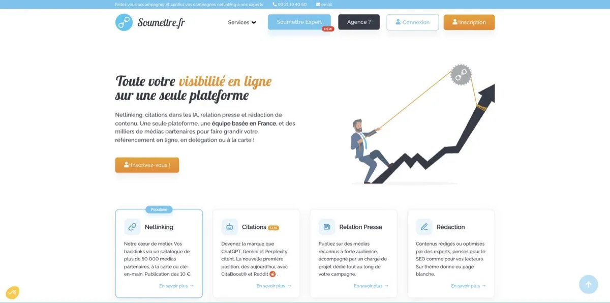 Page d'accueil de Soumettre.fr affichant 69 817 sites partenaires et 53 773 commandes réalisées