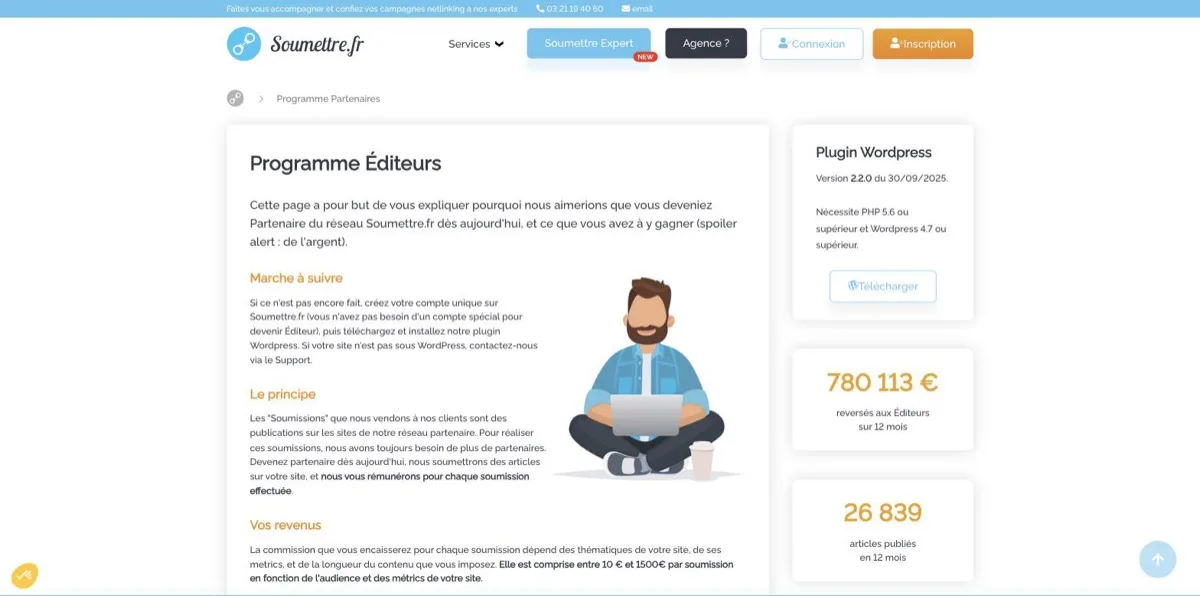 Page « Programme Éditeurs » de Soumettre.fr affichant la fourchette de commission de 10 à 1 500 € par soumission