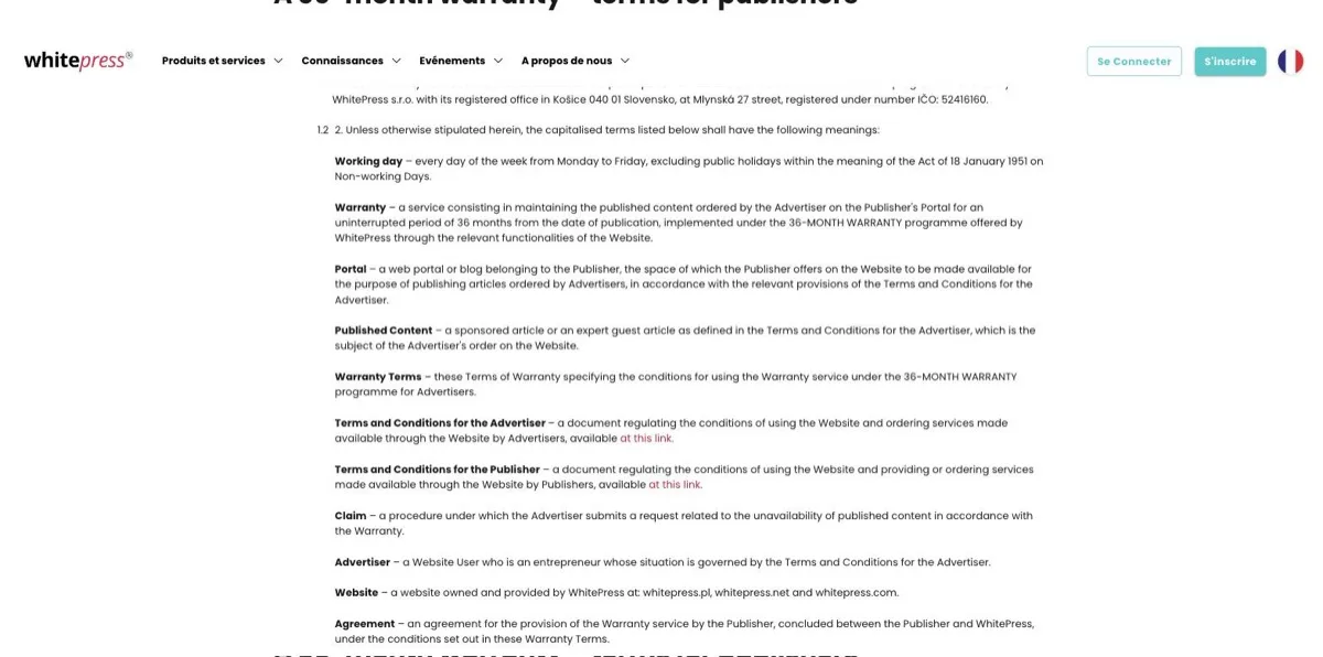 Document « A 36-month warranty – terms for publishers » de WhitePress, mentionnant WhitePress s.r.o. à Košice