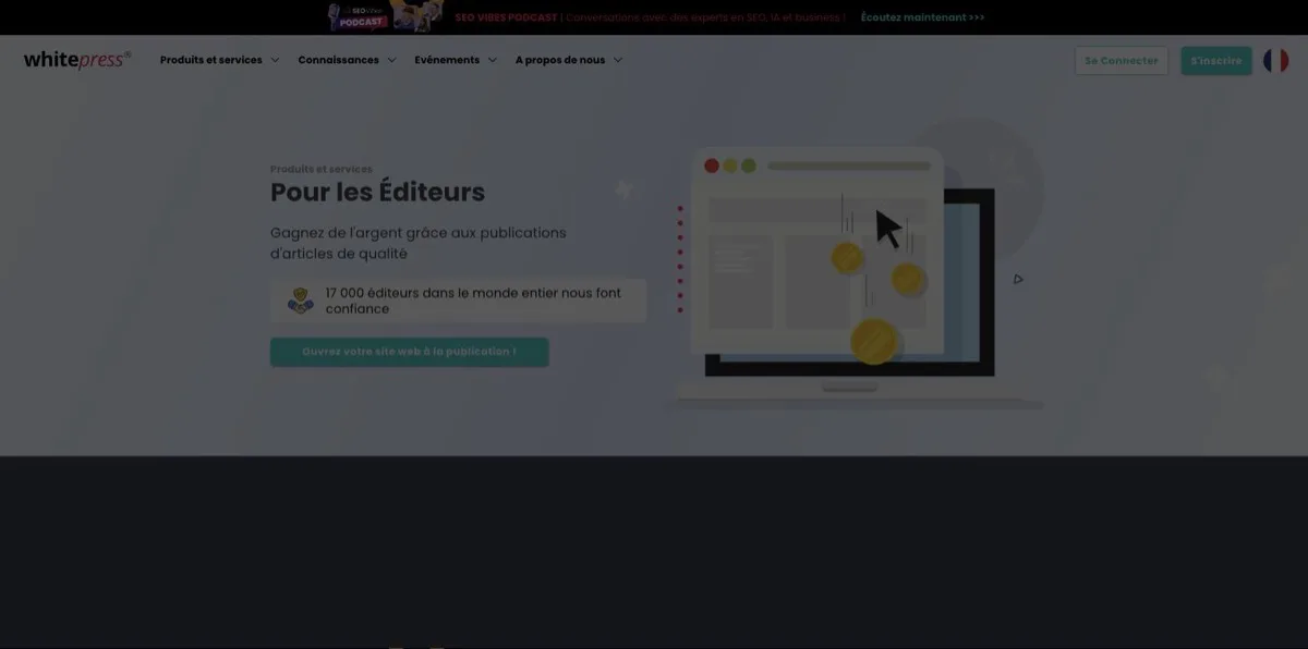 Page « Pour les Éditeurs » de WhitePress affichant le compteur de 17 000 éditeurs et l'invitation à ouvrir son site aux publications
