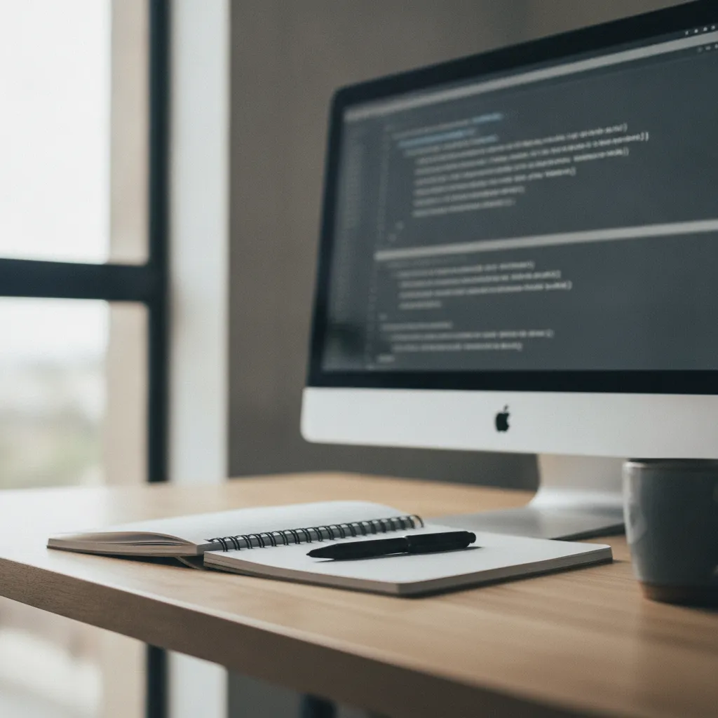 Écran d'ordinateur affichant du code HTML flou, carnet et stylo posés à côté sur un bureau en bois