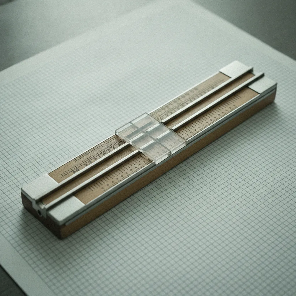 Règle à calcul en bois et métal posée sur une feuille de papier millimétré, curseur au centre