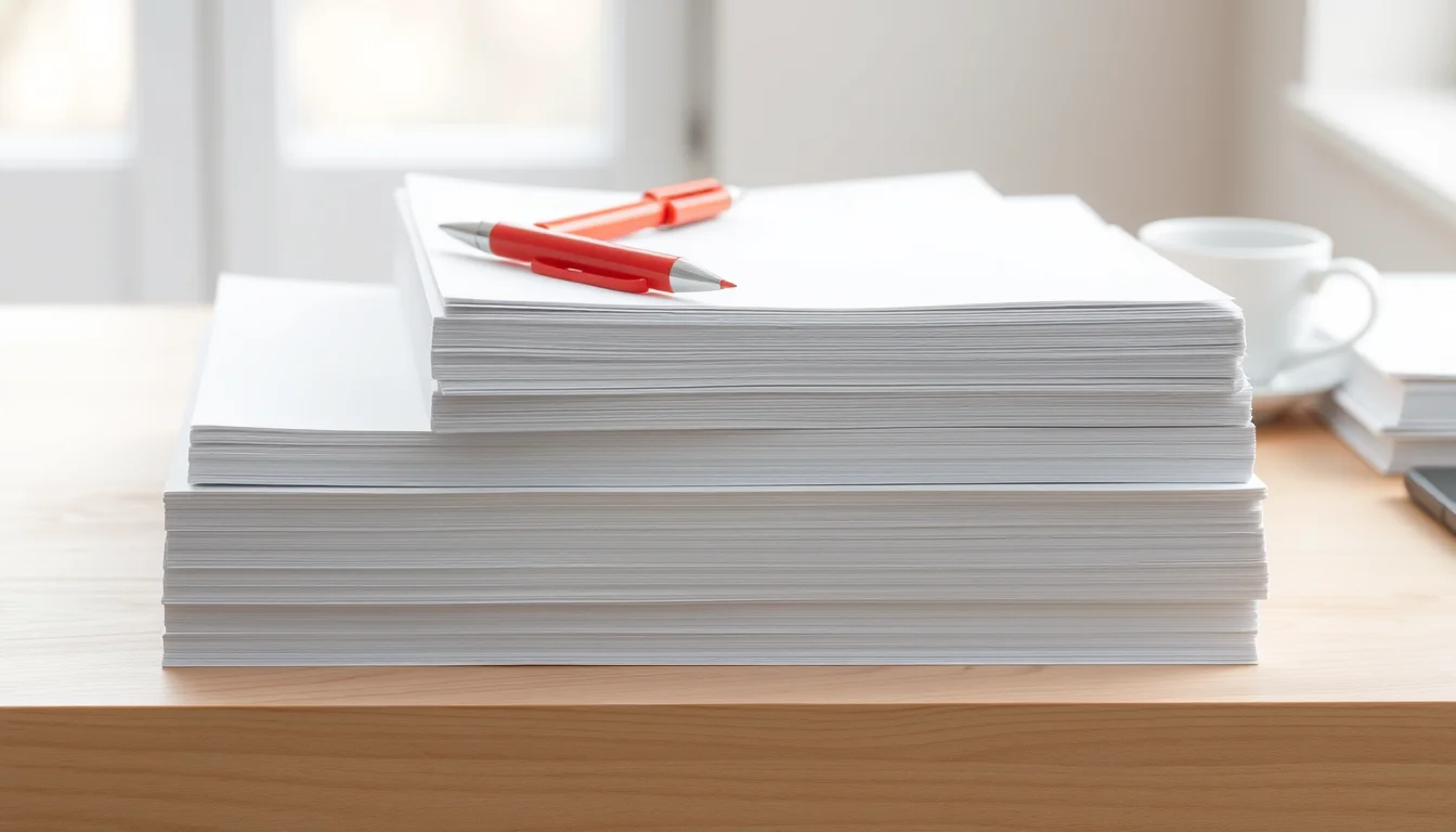 Piles de feuilles blanches identiques sur un bureau, avec un stylo rouge posé dessus et une tasse de café