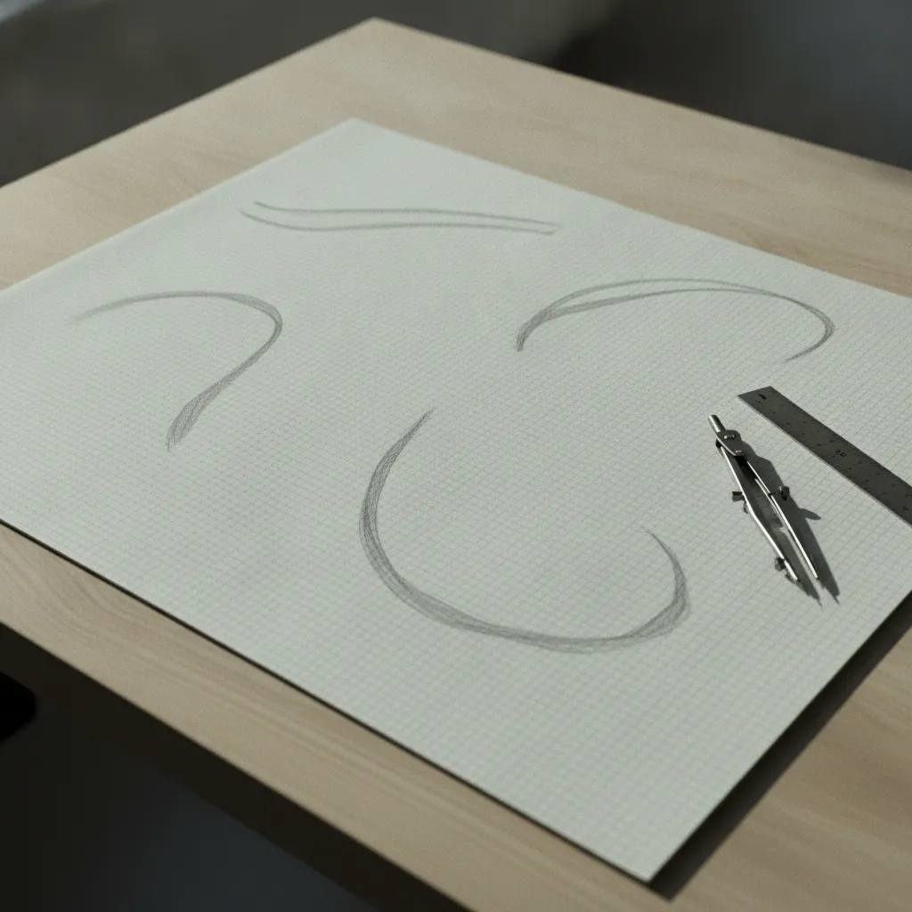 Papier millimétré couvert de quatre courbes tracées au crayon, règle et compas posés dessus
