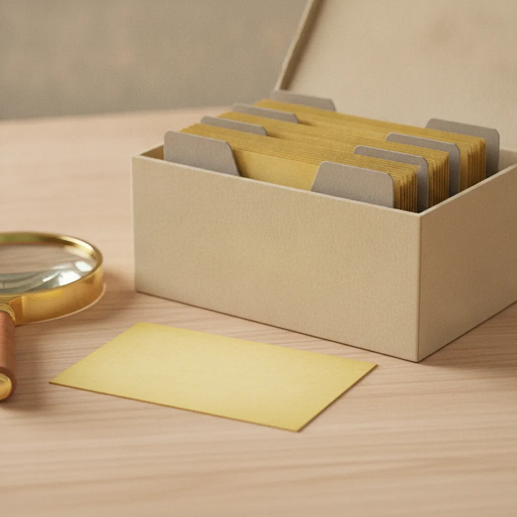 Boîte de fiches cartonnées ouverte sur un bureau, intercalaires jaunis et fiches manuscrites serrées