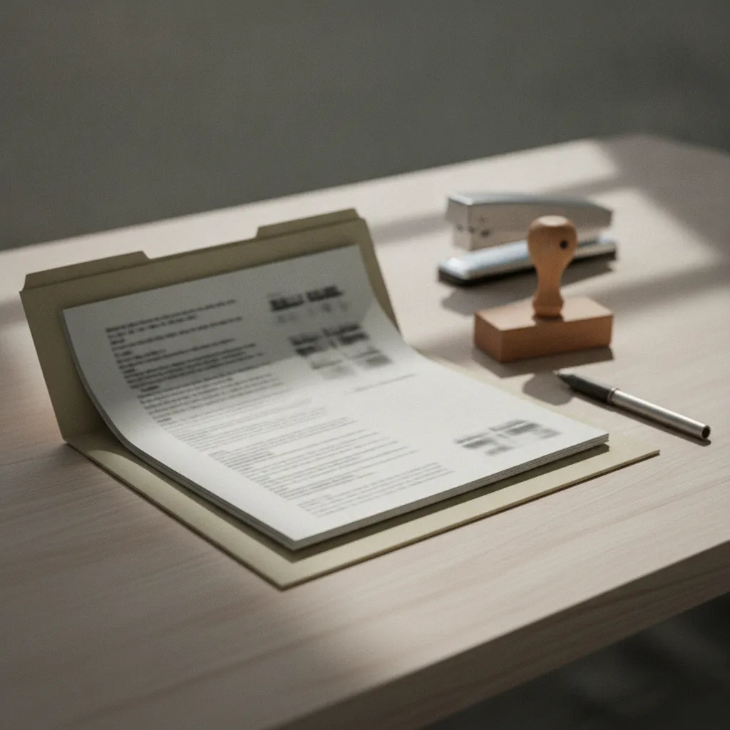 Chemise cartonnée ouverte sur un plan de travail, feuilles imprimées, tampon et stylo posés à côté