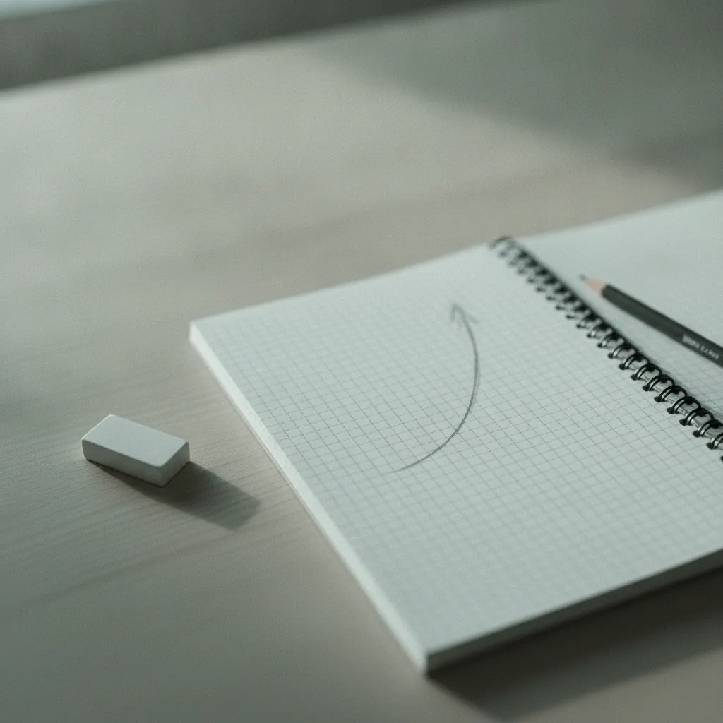 Carnet à spirale ouvert sur une courbe tracée à la main, crayon et gomme posés à côté