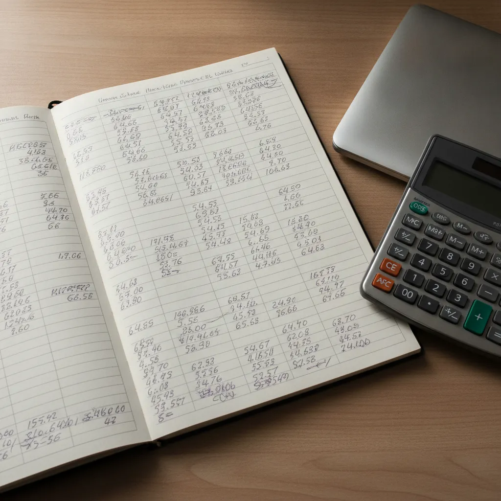 Carnet ouvert avec des colonnes de chiffres, une calculatrice et un ordinateur portable sur un bureau