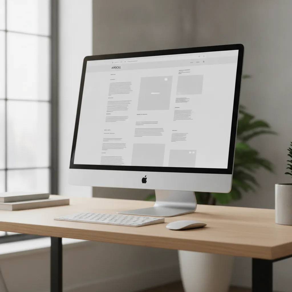 Écran affichant une page d'article sobre sur un bureau de travail épuré