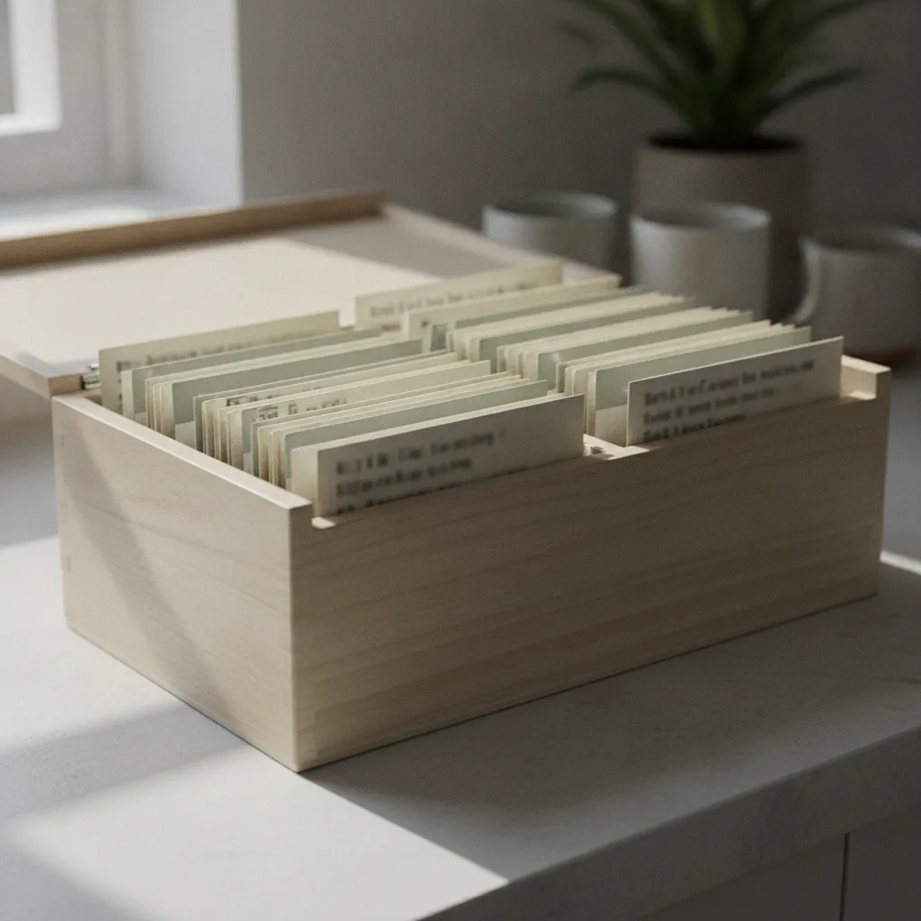Boîte à fiches en bois ouverte, intercalaires alphabétiques et fiches cartonnées serrées