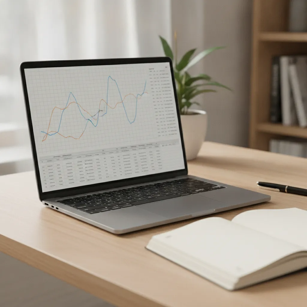 Écran affichant une courbe de positions moyennes et un tableau de pages, carnet de notes ouvert à côté.