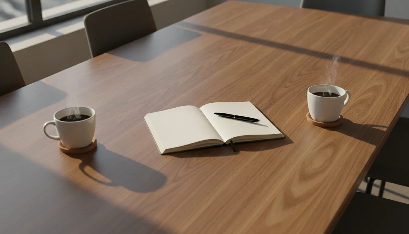 Deux tasses de café et un carnet ouvert sur une table de réunion en bois, un stylo posé sur la page