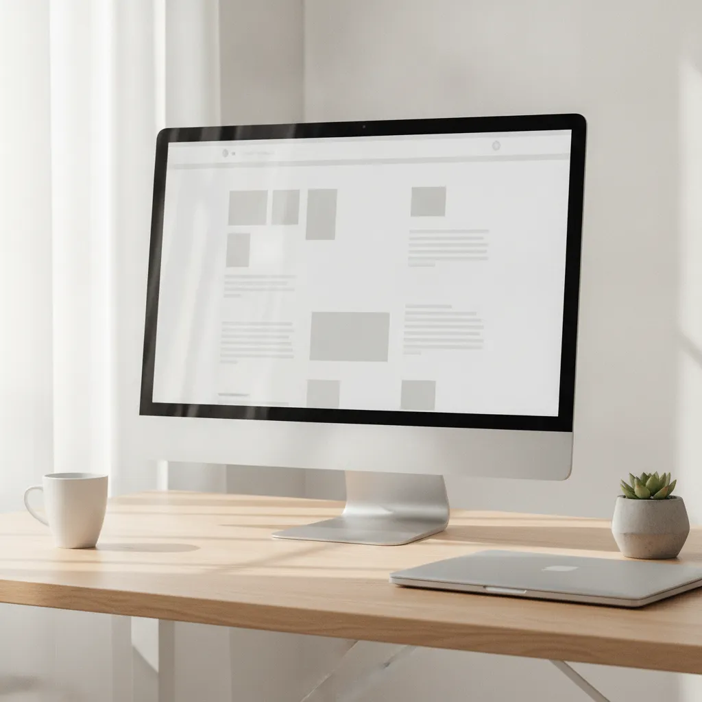 Écran affichant une page d'article sobre, bureau de travail épuré