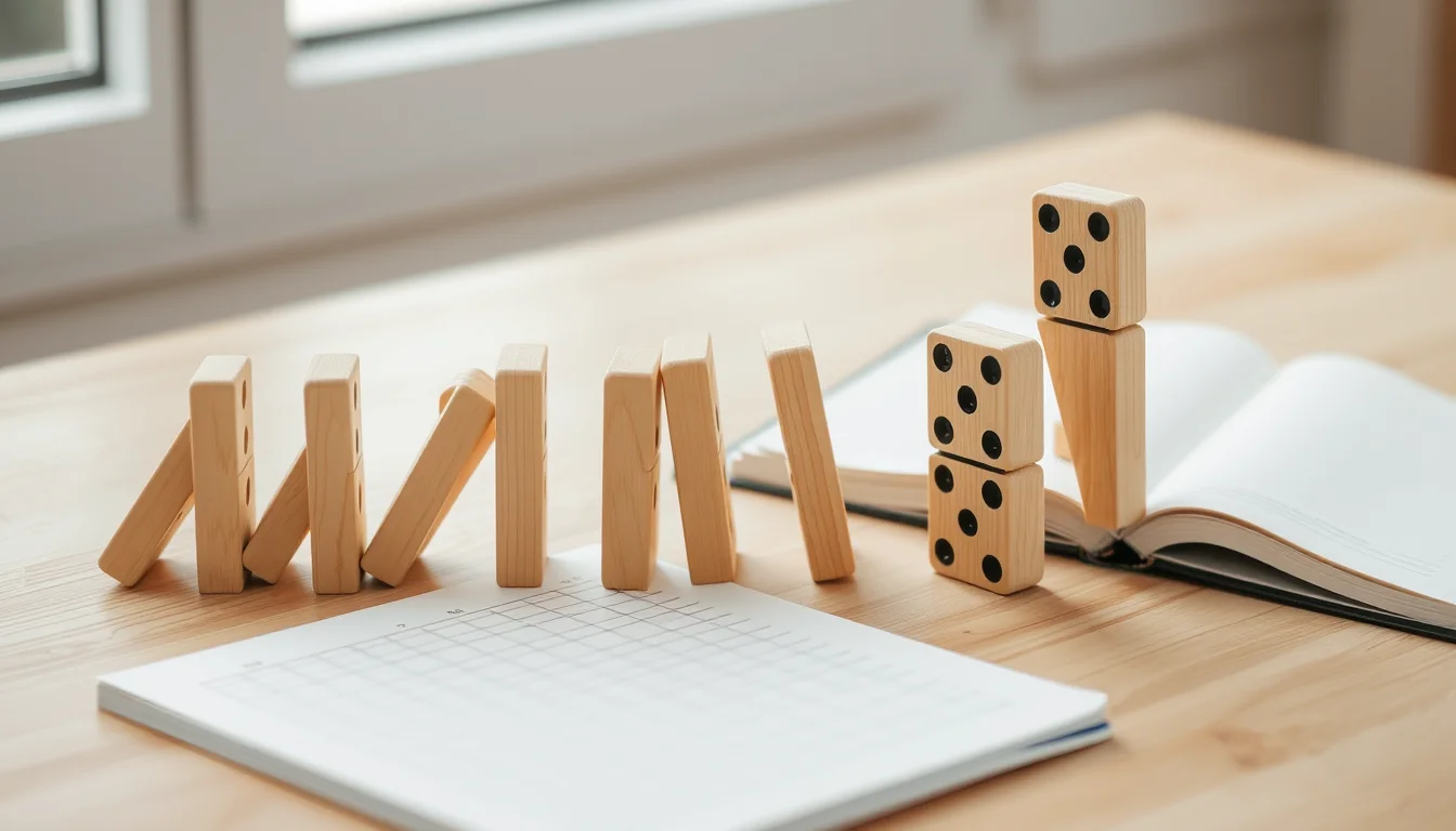 Rangée de dominos en bois en train de tomber sur un bureau clair, à côté d'un carnet de relevés