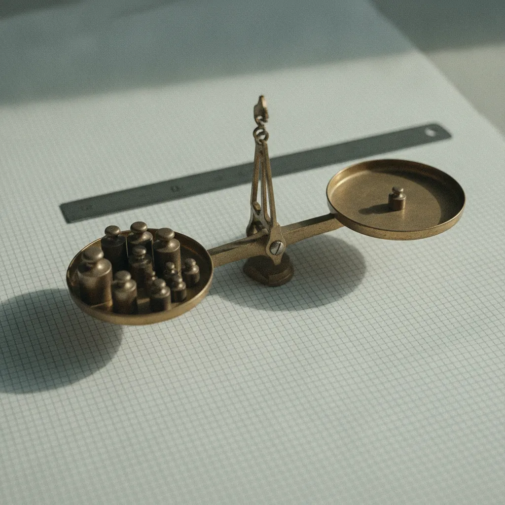Balance à plateaux de laiton posée sur une feuille quadrillée, un plateau chargé de petites masses