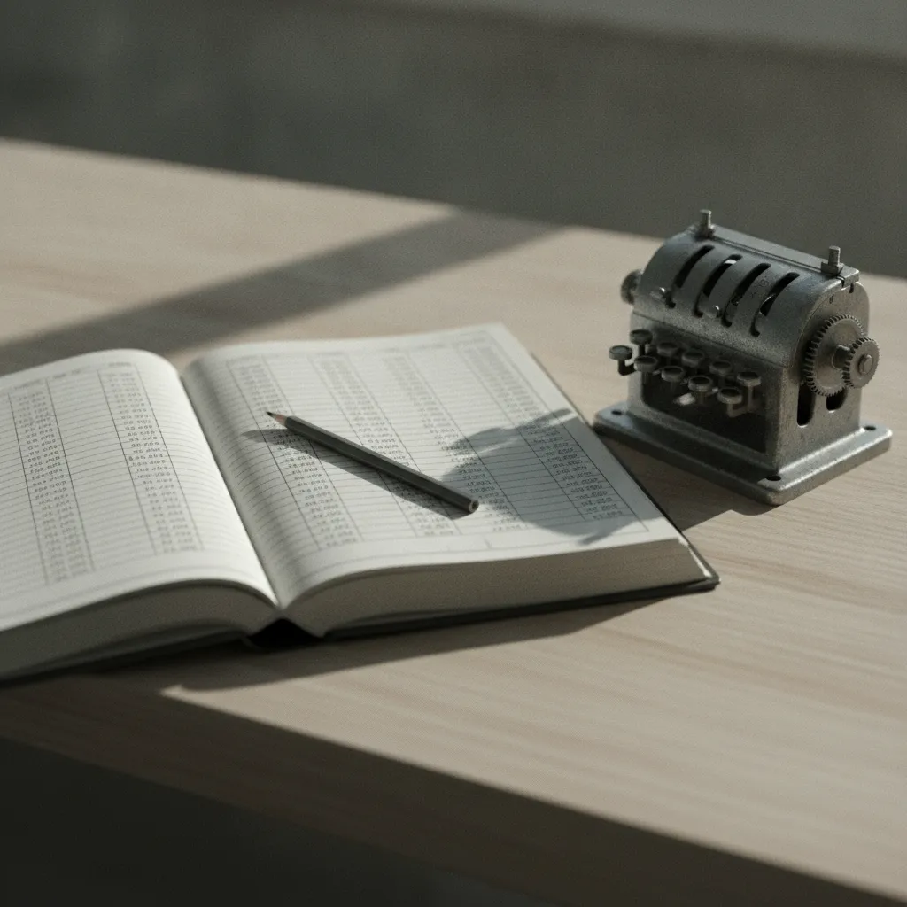 Cahier à colonnes ouvert sur un plan de travail, additionneuse mécanique et crayon posés à côté