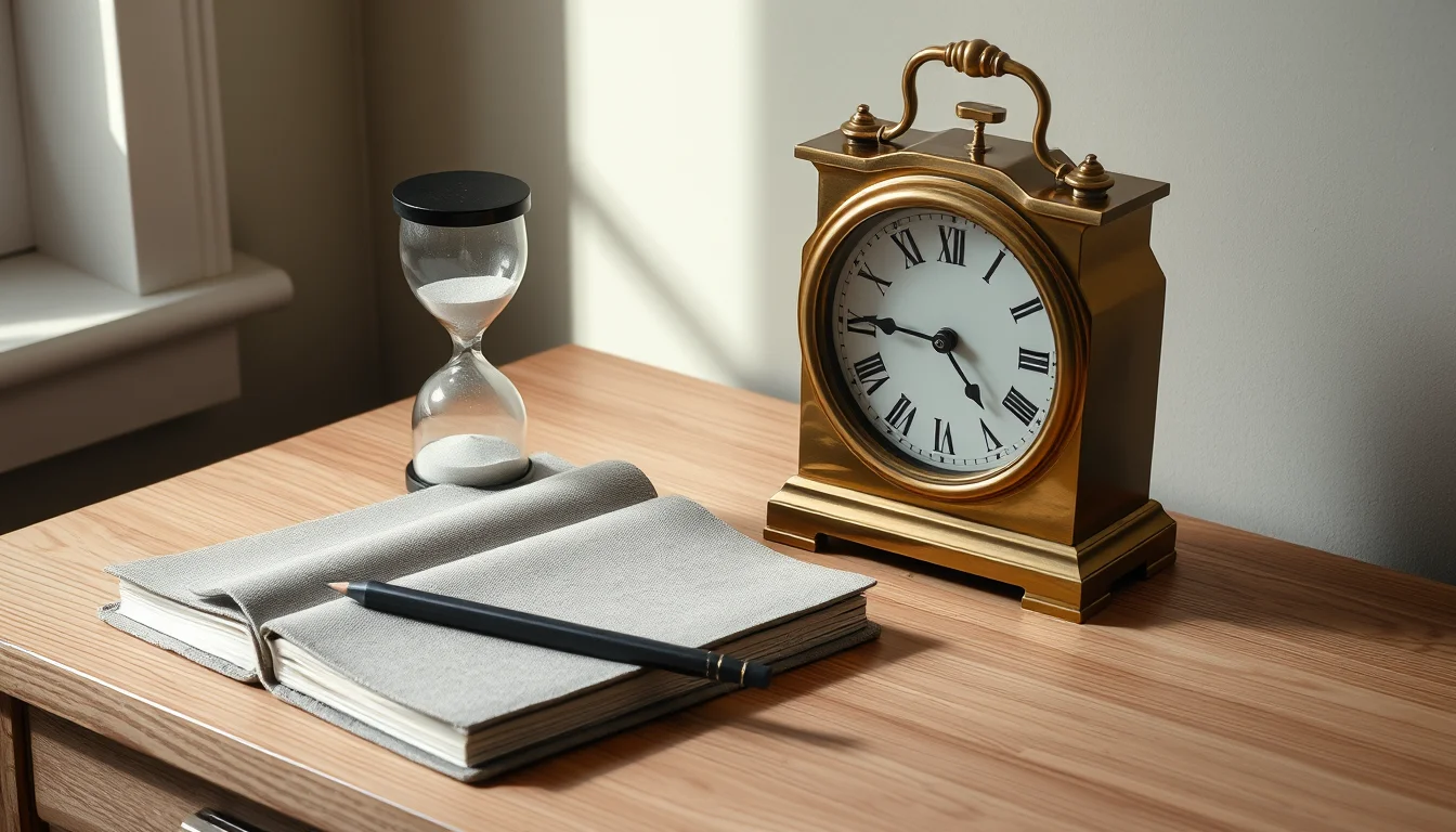 Horloge de table en laiton sur un bureau en bois clair, à côté d'un carnet ouvert et d'un sablier