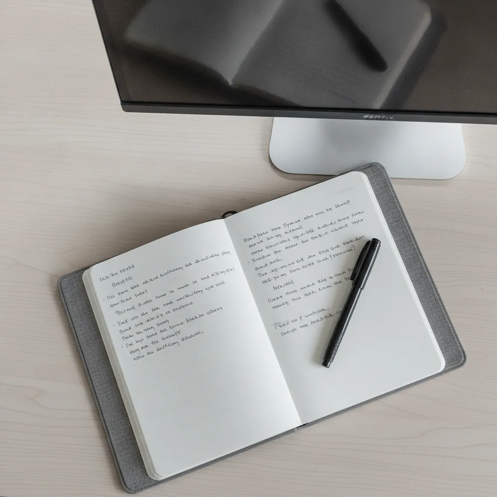 Carnet de notes ouvert à côté d'un écran éteint sur un bureau clair